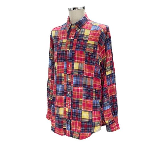 Ralph Lauren Madras Plaid Shirt Classic Fit Patchwork Coastal Summer L - Picture 6 of 10